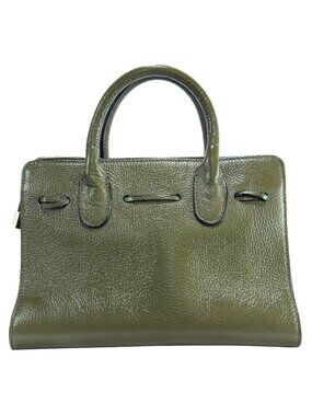 Green Pebbled Italian Leather Handbag Dual Handles Zip Closure